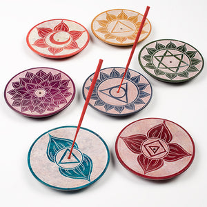 Soapstone Incense Holders – Colored – Round-Chakras-3″ (SET 7)