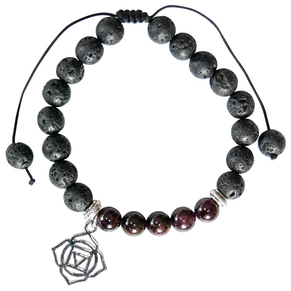 Lava and Garnet Bead Bracelet with Root Chakra Charm