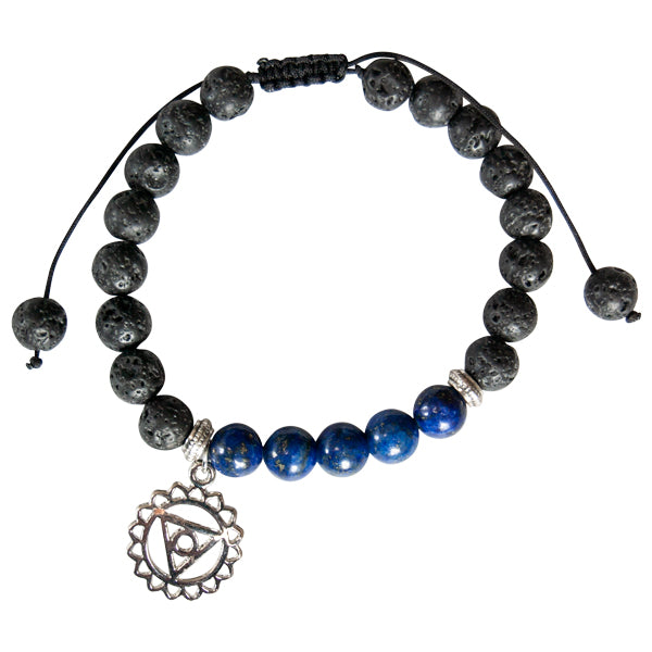 Lava and Lapis Lazuli Bead Bracelet with Third Eye Chakra Charm